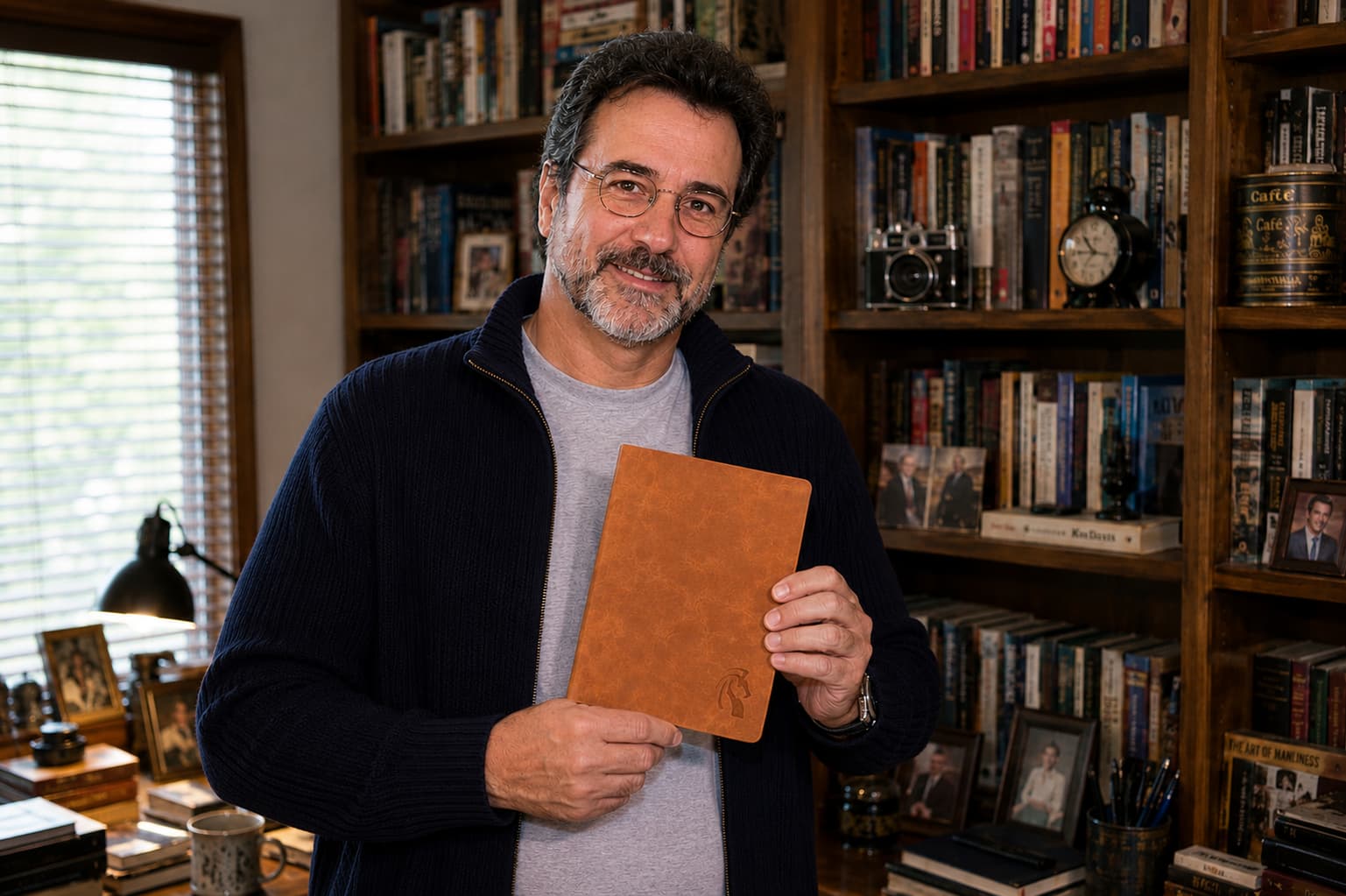 Roger Davis holding a brown LeStallion writing journal in a book-lined study